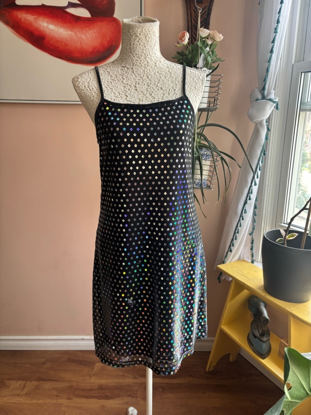 Vintage 90s Black Sequin Holographic Mini Slip Dress Party Dress Sz M/L